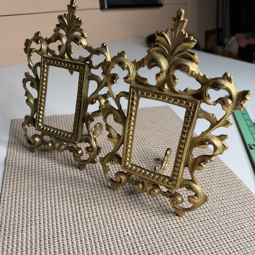 Vintage Ornate Brass Picture Frames Pair Rococo Baroque Style 2x3 Small 12-B